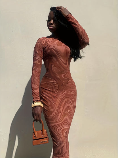 Abstract Ripple Print Dress, Sexy Mock Neck Long Sleeve Dress, Women's Clothing