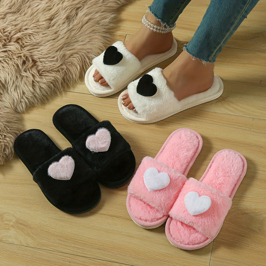 [Cute Slippers] Cozy Plush Women's Winter Slippers | Fleece-Lined Non-Slip EVA Sole with Heart Pattern, Black & Pink, Cute Slipresistant Footwear, Casual Slipon, Fleecelined Interior, 2024 New