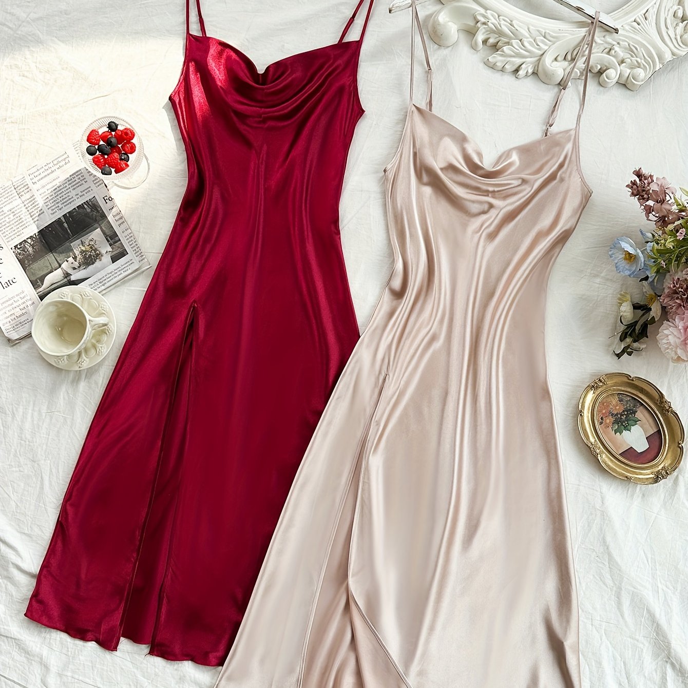 2 Pcs Women's Elegant Solid Satin Sleepwear Dress, Turtleneck Side Split Backless Midi Slip Dress, Comfortable Nightgown