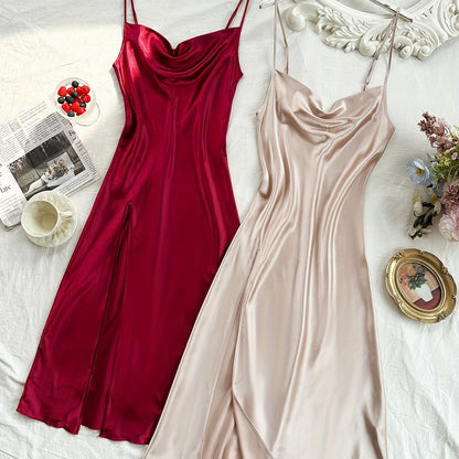 2 Pcs Women's Elegant Solid Satin Sleepwear Dress, Turtleneck Side Split Backless Midi Slip Dress, Comfortable Nightgown