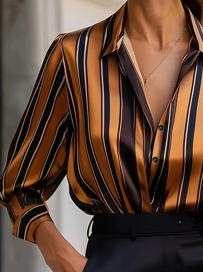 Elegant Special Women's Striped Shirt - Classic Collar Button-Up Blouse with Mustard & Black Stripes, Premium Fabric for Office & Casual Wear, Machine Washable Versatile Top, Smooth Texture Fabric