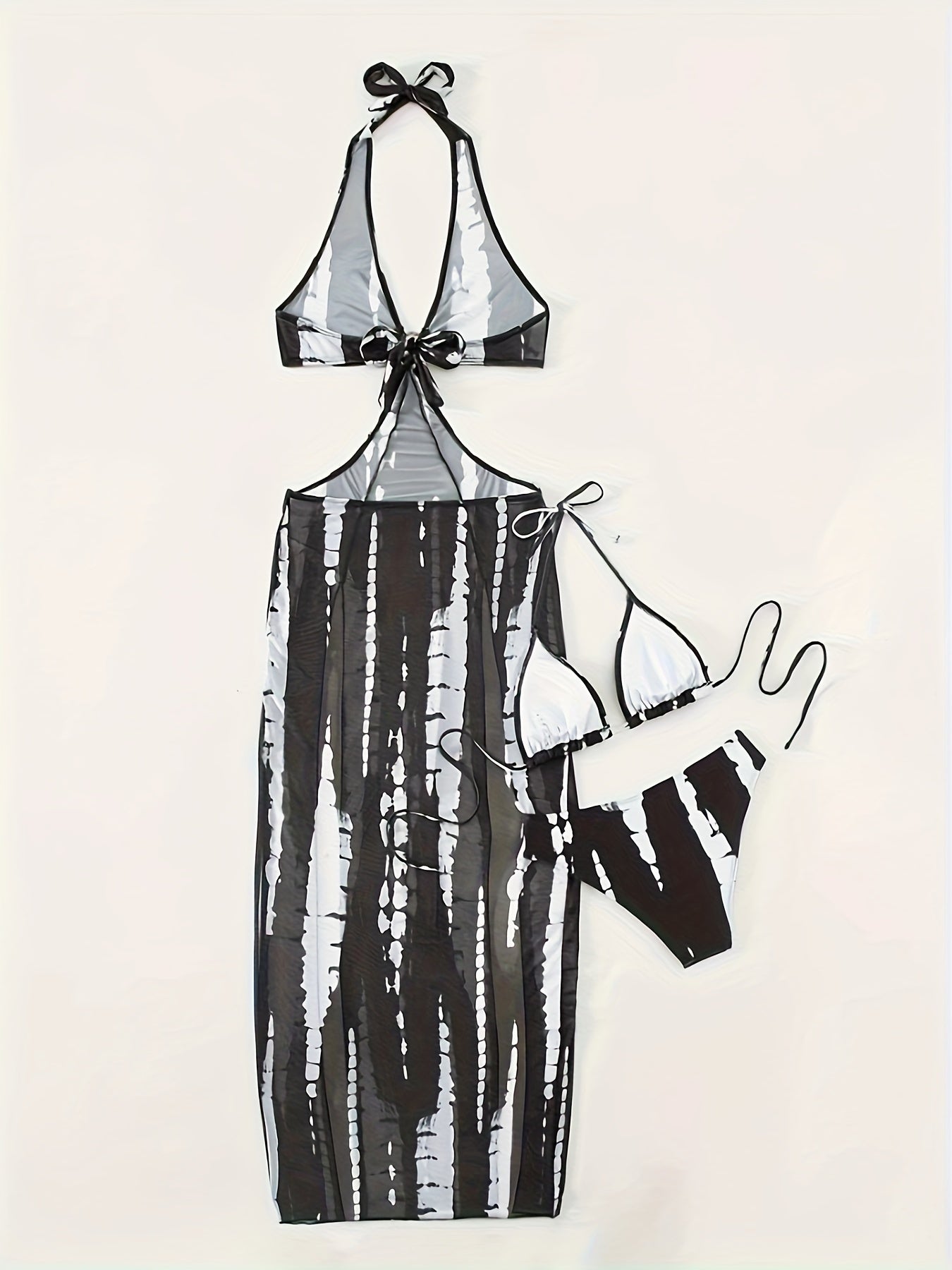 3 Piece Set Tie Dye Bikini - Halter Neck Triangle High Cut Swimsuit with Ring-Linked Mesh Cover-Up Dress - Women's Swimwear, Beachwear, and Vacation Clothing for Summer