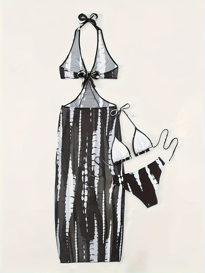 3 Piece Set Tie Dye Bikini - Halter Neck Triangle High Cut Swimsuit with Ring-Linked Mesh Cover-Up Dress - Women's Swimwear, Beachwear, and Vacation Clothing for Summer