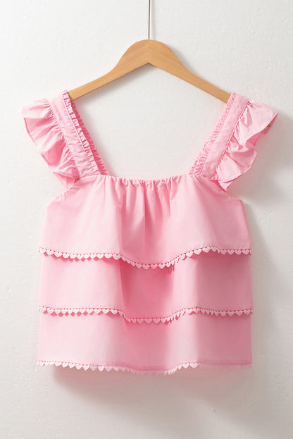 Pink Tiered Heart Trim Square Neck Flutter Top