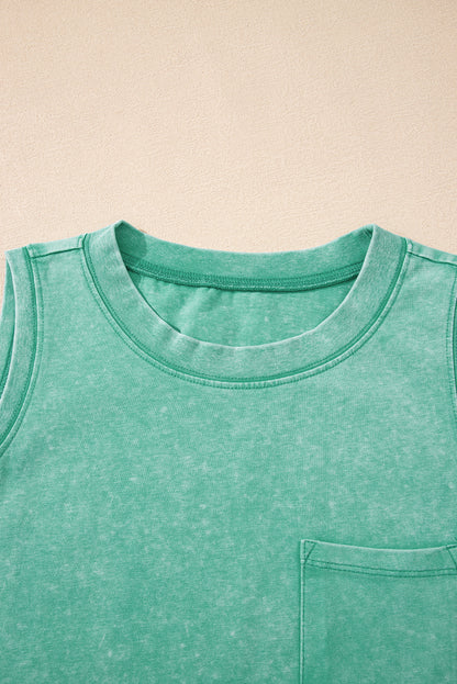 Sea Green Mineral Wash Patched Chest Pocket Casual Tank Top