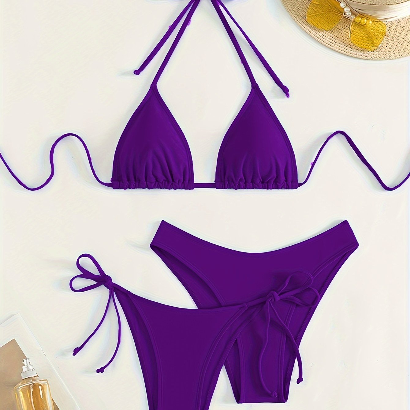 Solid Color 3 piece Set Bikini, Halter Neck Backless Swimsuits, Women's Swimwear & Clothing