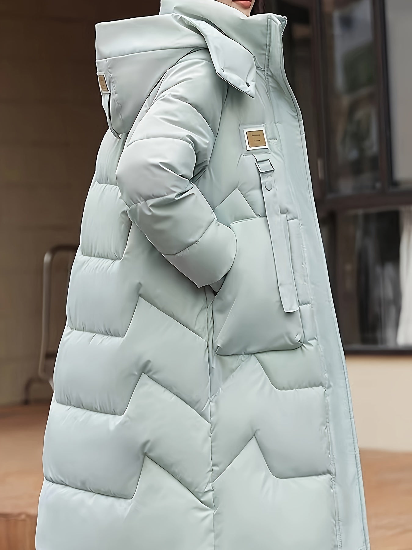 Women's Light Green Long Winter Coat - Warm Casual Padded Jacket with Zippered Pockets, Hood, and Adjustable Drawstrings for Holiday Style, Winter Clothes