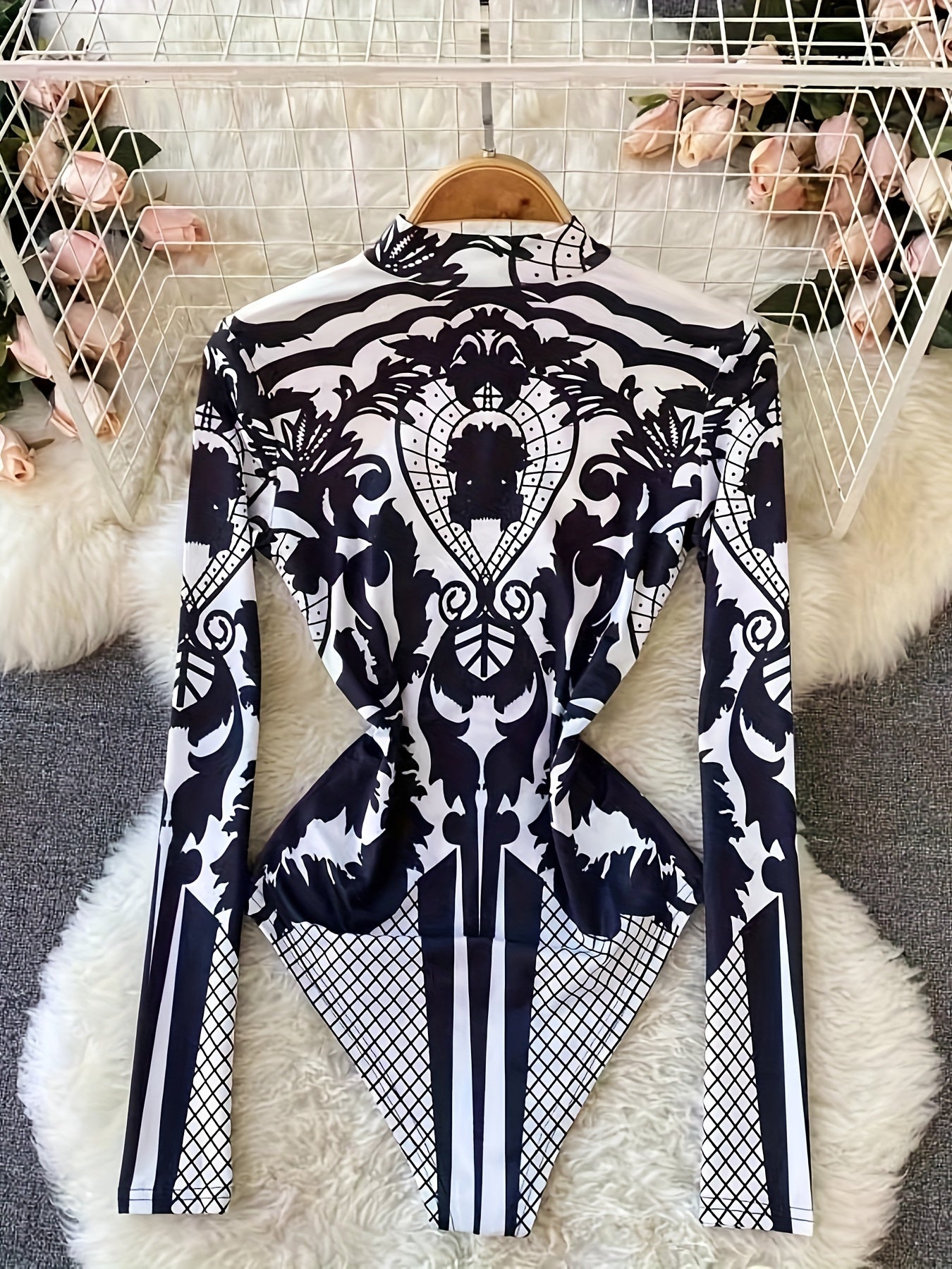 Women'S Tropical Print Bodysuit with Rhinestone Detail - Slim Fit, Stand Collar, Long Sleeve, All-Season Versatile Jumpsuit for Casual or Stylish Outfits, Stylish Outfit Bodysuit | Stand Collar Top | Polyester Fabric, Bodysui