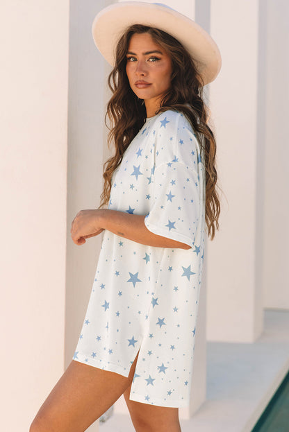 Sky Blue Stars Print Drop Shoulder Oversized T Shirt with Slits