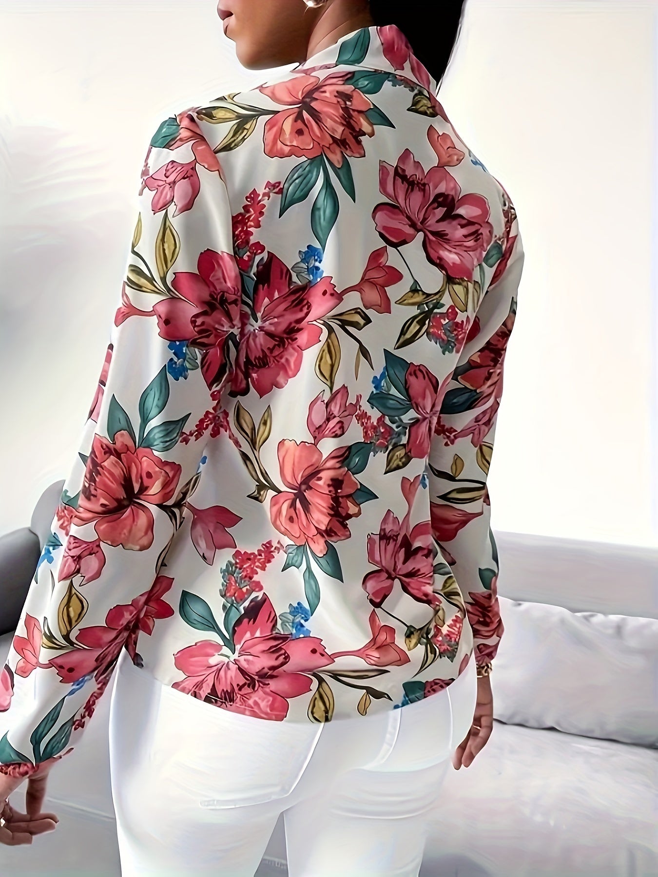 Charming Floral Print Tie Neck Blouse - Fashionable Long Sleeve for Spring & Fall - All-Season Elegance - Womens Wardrobe Staple
