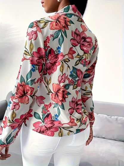 Charming Floral Print Tie Neck Blouse - Fashionable Long Sleeve for Spring & Fall - All-Season Elegance - Womens Wardrobe Staple