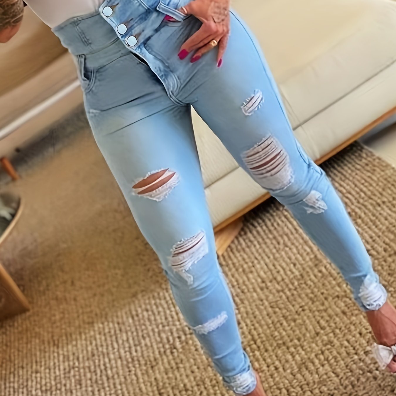 Trendy Blue Ripped Holes High Waist Skinny Jeans - Slim Fit, Single Breasted Button, Stretchy Denim Fabric, Comfortable Pockets, Fashionable Ripped Knee Design, Women's Denim Clothing & Stylish Pants for Casual Wear
