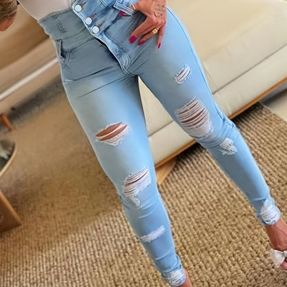 Trendy Blue Ripped Holes High Waist Skinny Jeans - Slim Fit, Single Breasted Button, Stretchy Denim Fabric, Comfortable Pockets, Fashionable Ripped Knee Design, Women's Denim Clothing & Stylish Pants for Casual Wear