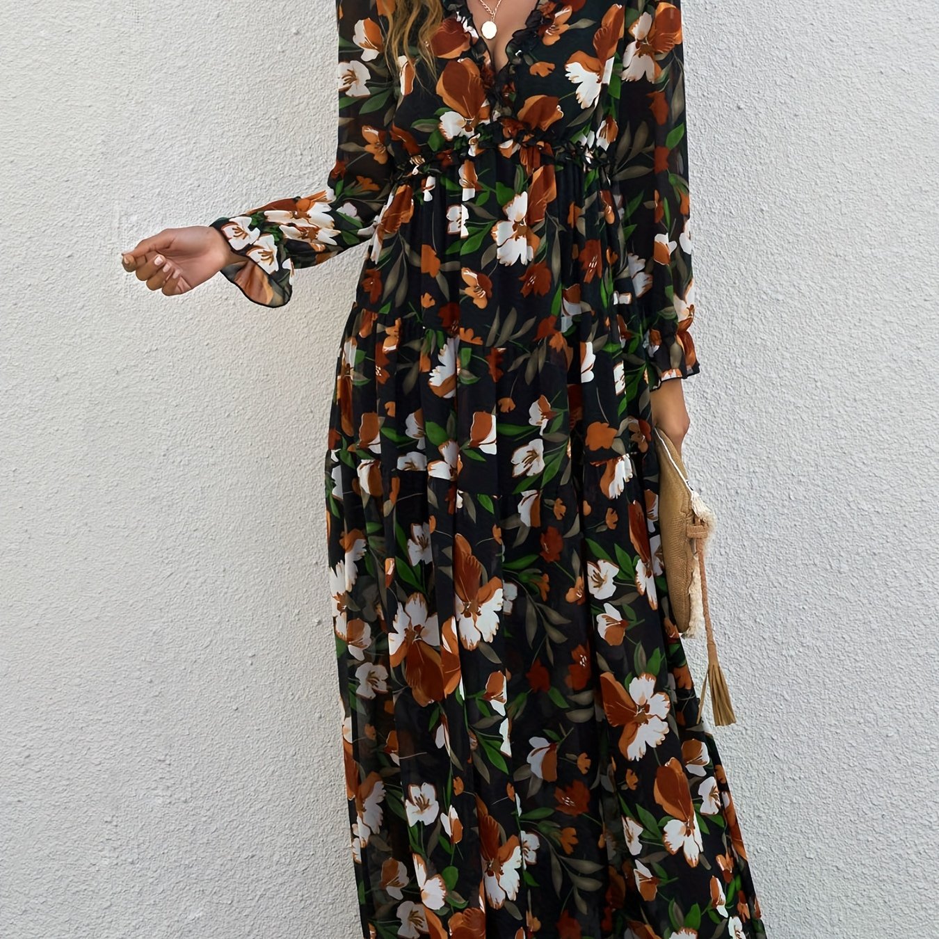 Lightweight Chiffon Floral Maxi Dress for Women - V-Neck, Long Sleeve, Layered Ruffle Hem, Bell-Bottom Maxi with Adjustable Waist Cincher, Perfect for Spring/Summer/Fall Vacations, Vacation Dress | Flowing Maxi Dress | Flowin