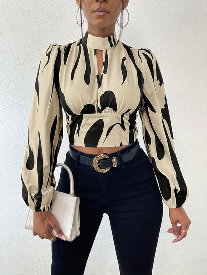 Graphic Print Mock Neck Crop Blouse, Elegant Long Sleeve Cut Out Shirred Blouse, Women's Clothing