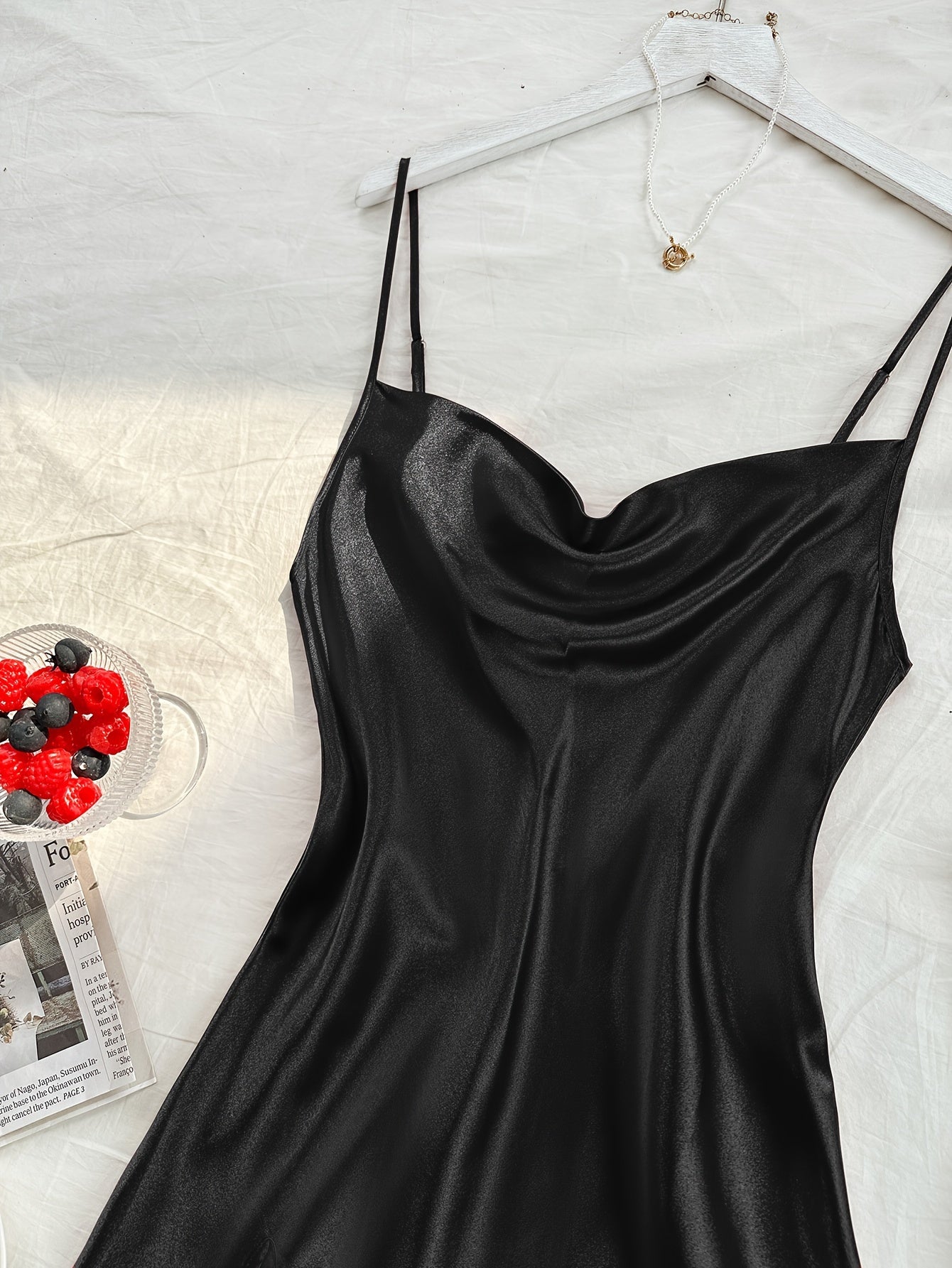 2 Pcs Women's Elegant Solid Satin Sleepwear Dress, Turtleneck Side Split Backless Midi Slip Dress, Comfortable Nightgown