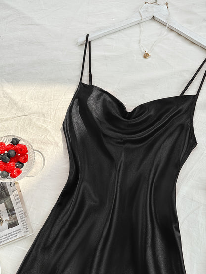 2 Pcs Women's Elegant Solid Satin Sleepwear Dress, Turtleneck Side Split Backless Midi Slip Dress, Comfortable Nightgown