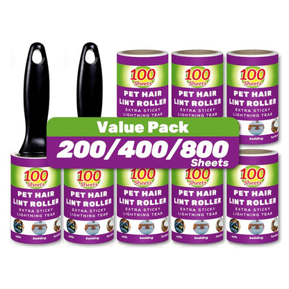 Value Pack of 200/400/800 Sheets of Pet Hair Removal Rollers, Featuring Refillab