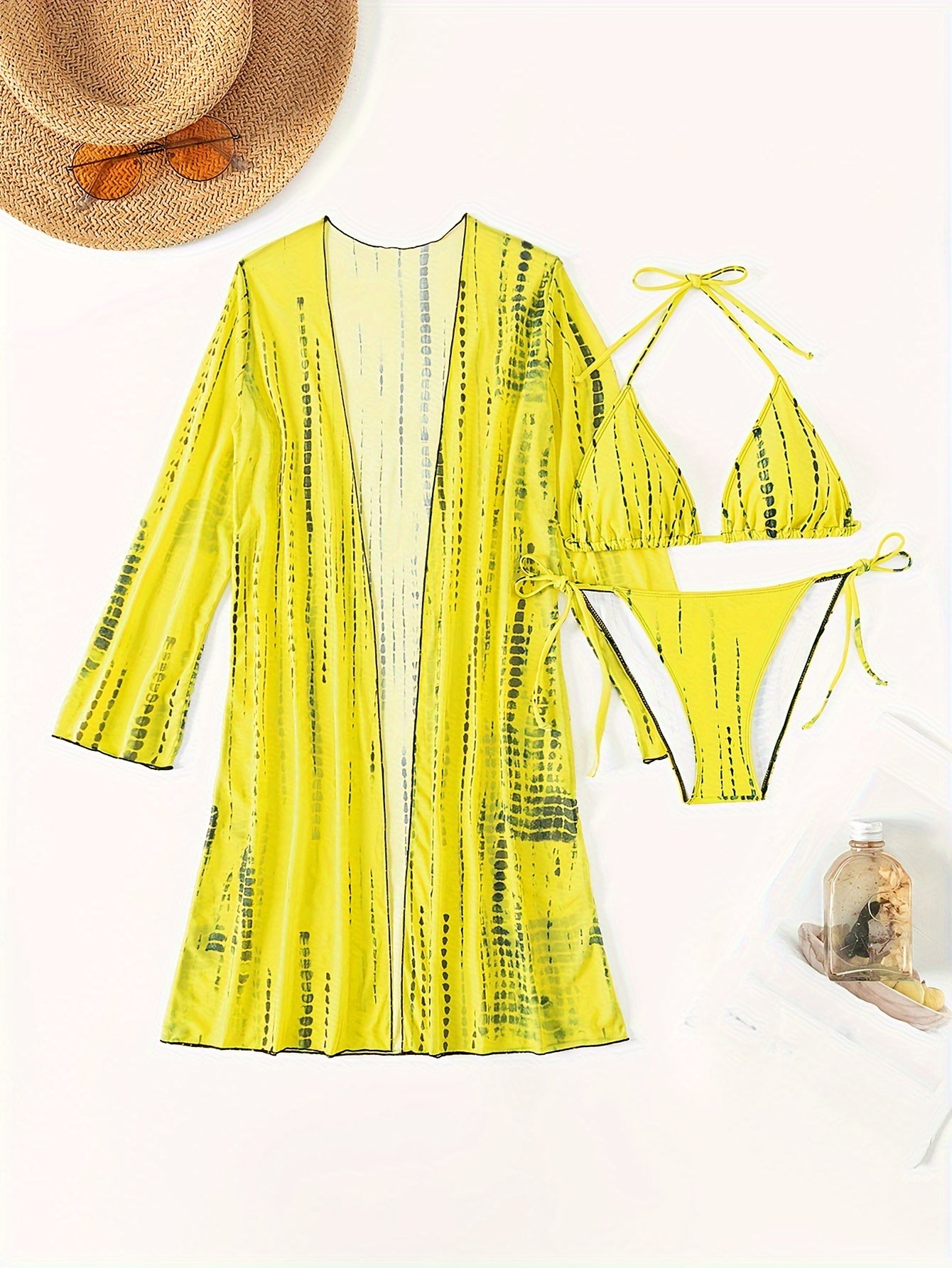 Trendy Tie Dye Striped Bikini Three Pieces Set, Solid Bra & Panty & Cover Up for Beach Wear, Women's Swimwear