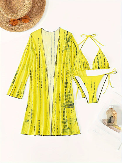 Trendy Tie Dye Striped Bikini Three Pieces Set, Solid Bra & Panty & Cover Up for Beach Wear, Women's Swimwear