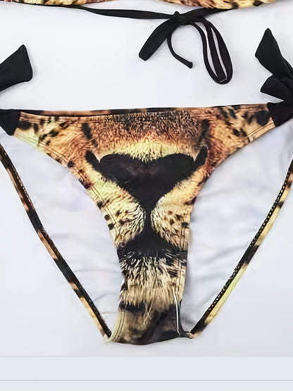 1pc Women'S Sexy Leopard Print Bikini Set, High Elastic Polyester Knit Fabric, Tie-Up Detail, Two-Piece Swimsuit