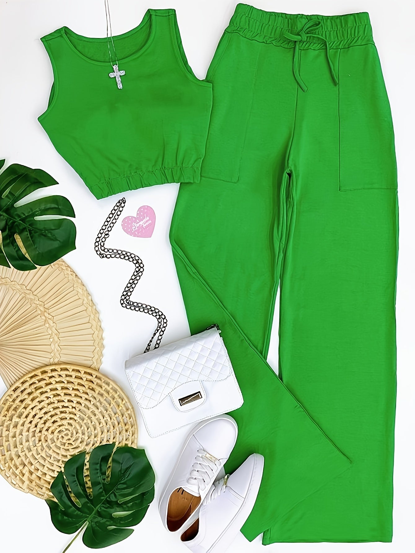 Trendy Two-Piece Crop Top Set - Soft Solid Color, Crew Neck, Drawstring Waist, Straight Leg Pants, Comfy Women's Casual Outfit for Daily Wear