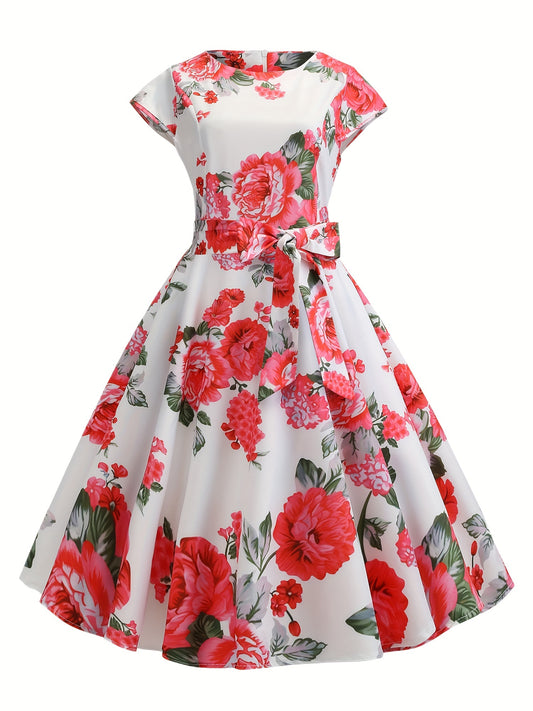 Floral Print Tie Waist Dress, Elegant Crew Neck Cap Sleeve Pleated Dress, Women's Clothing