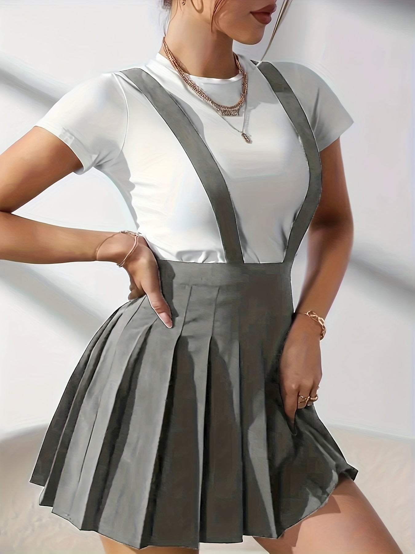 Overall Suspender Skirts, Casual Solid Pleated High Waist Skirts, Women's Clothing