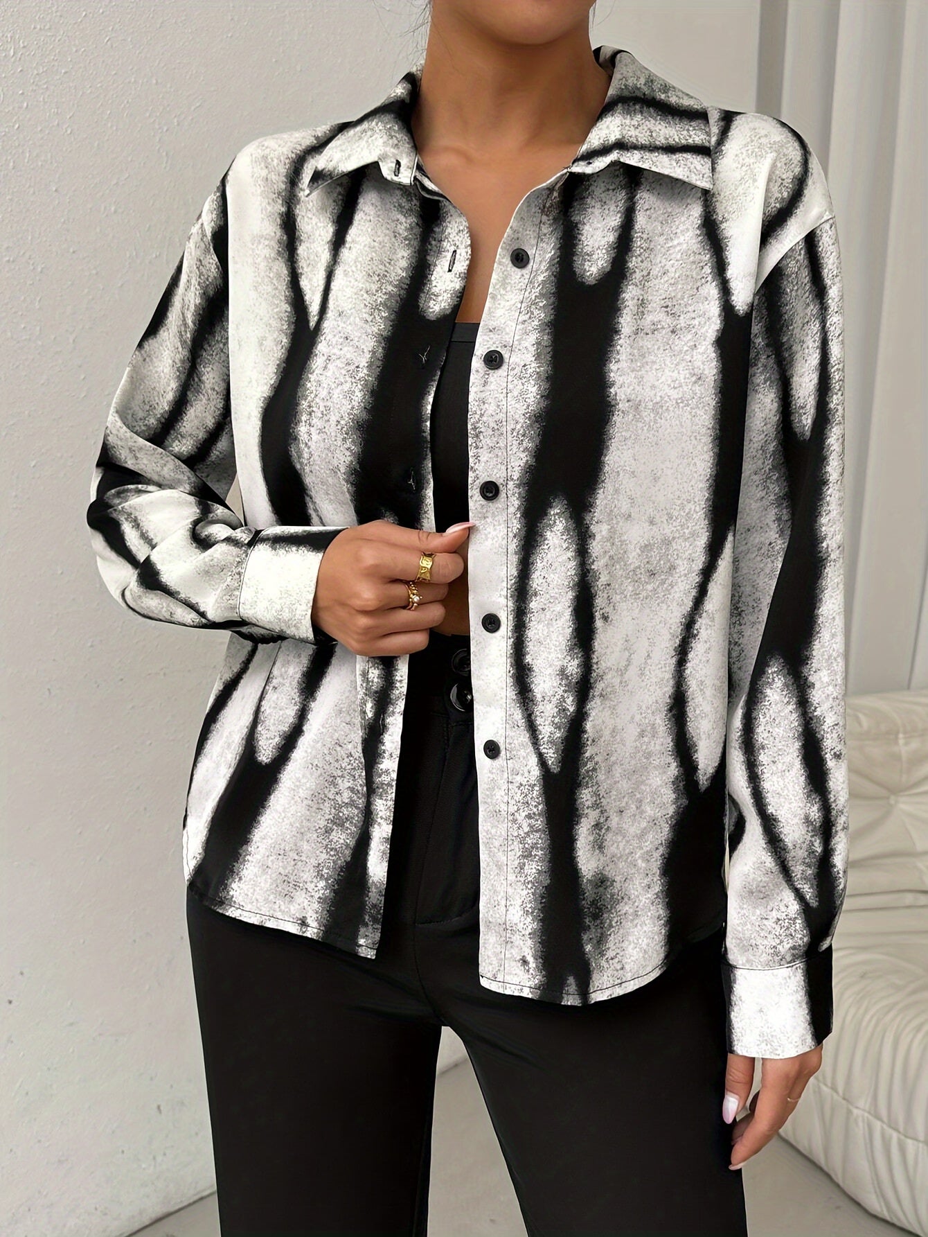 Print Collared Shirt - Stylish Button-Up Blouse with Neckline, Machine Washable, Polyester Fabric, Perfect for Spring/Summer Fashion, Spring Summer Blouse | Elegant Women's Shirt | Fashionforward Top