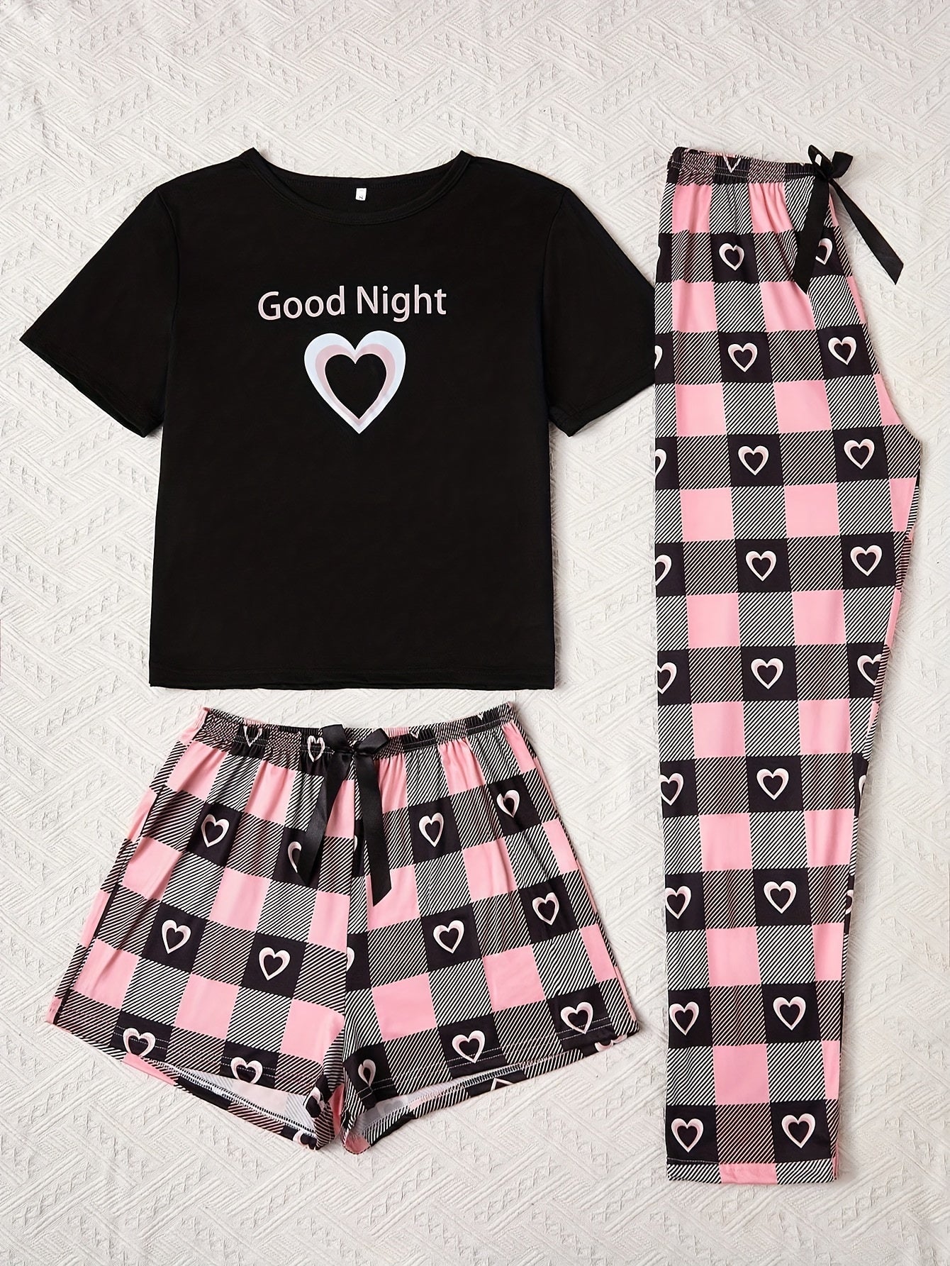 3pcs Women's Plaid Pajama Set - Comfortable Polyester Knit, Crew Neck, Short Sleeve Top with Cropped Pants and Shorts for All-Season Sleepwear