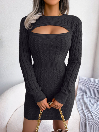Solid Ribbed Knit Keyhole Dress, Elegant Crew Neck Long Sleeve Bodycon Dress, Women's Clothing