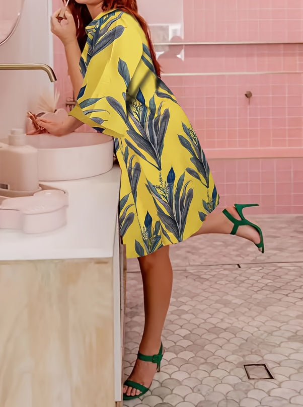 Plant Print Button Front Dress, Casual Long Sleeve Midi Dress, Women's Clothing