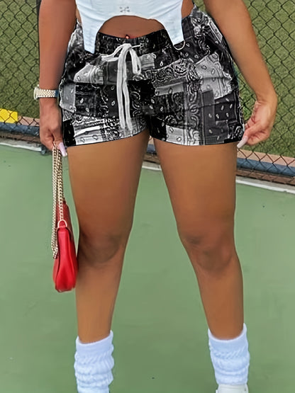 Vibrant All-Over Print Boho Paisley Shorts - Non-Stretch, Regular Fit, Polyester Knit Fabric, Sexy Summer Shorts for Women - Casual, Comfy, and Chic Drawstring Shorts for Spring and Summer Season