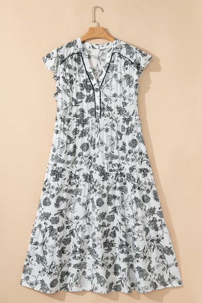 Black Floral Print Piping Trim Notched Neck Ruffle Sleeve Plus Size Long Dress