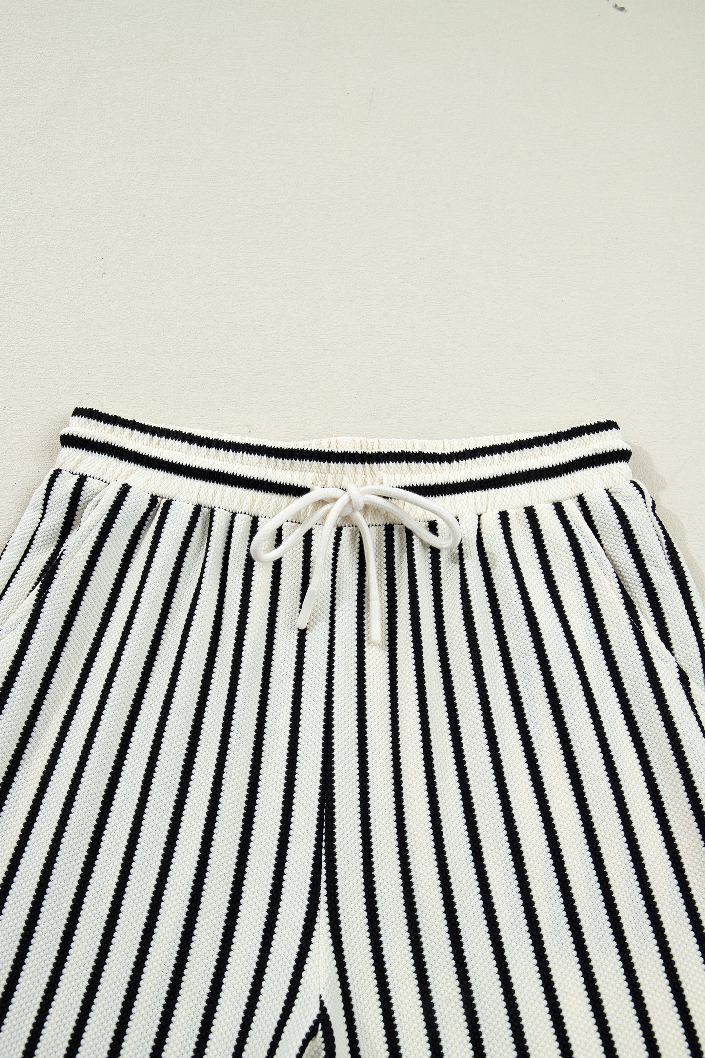 White Stripe Ruffle Trim Drop Shoulder Top Drawstring Loose Pant Set
