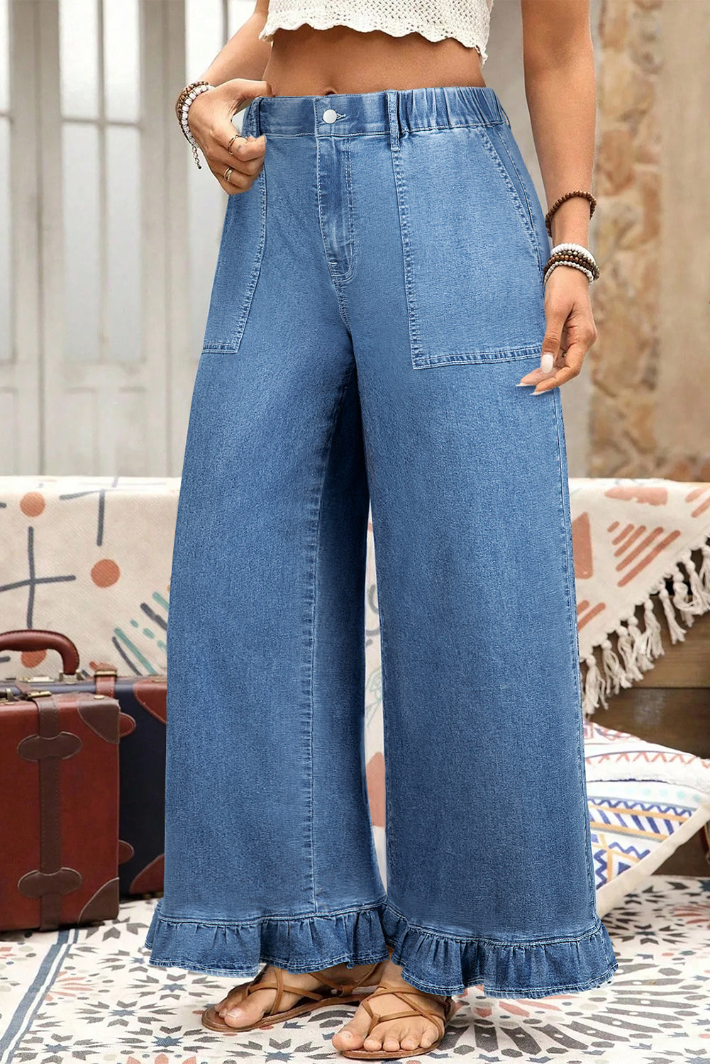 Ashleigh Blue Plus Size Elastic Waist Ruffled Wide Leg Denim Pants