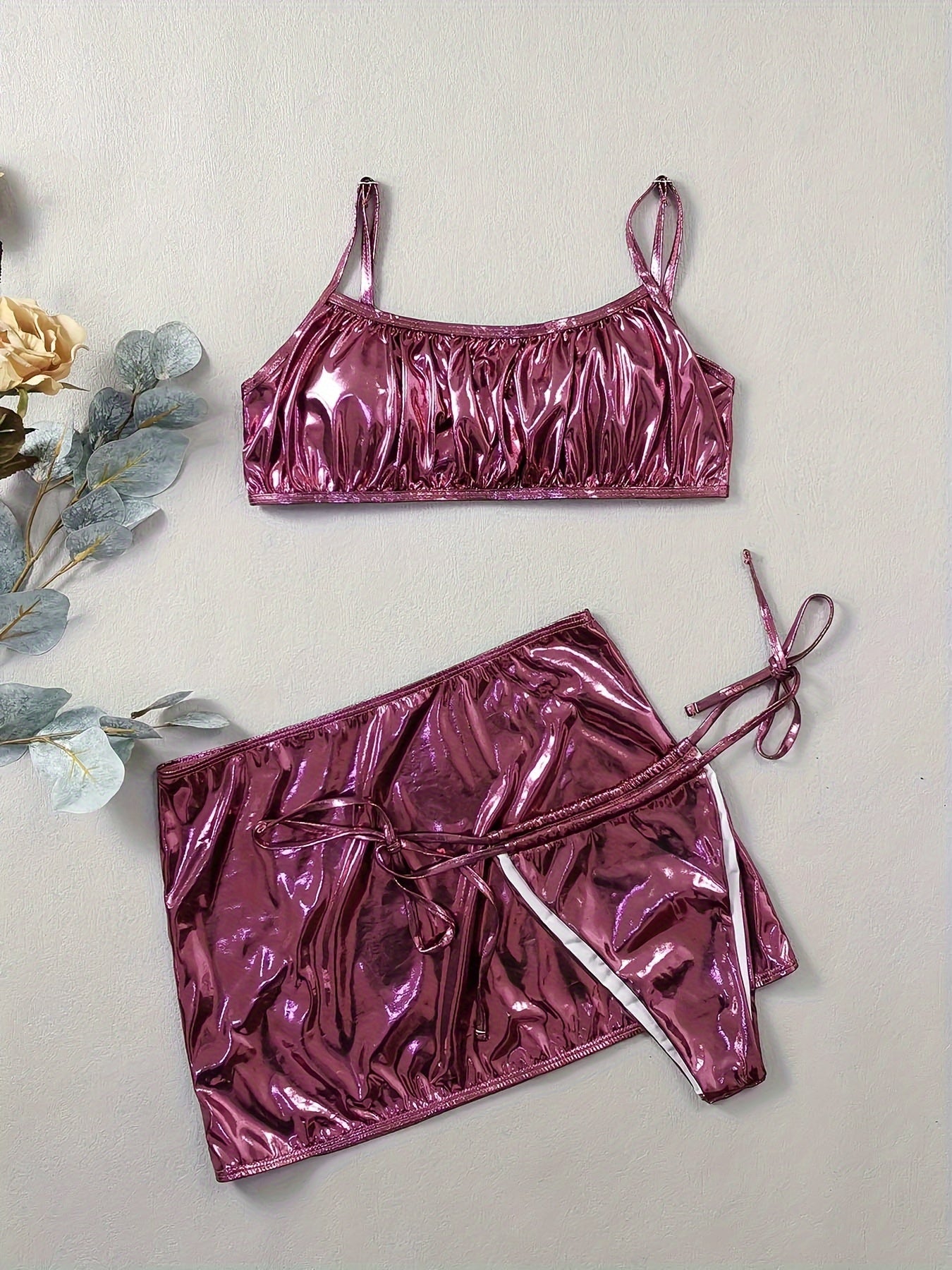 Women's Sexy 3-Piece Metallic Bikini Set, Glitter Fabric, Ruched Front Top & High Cut Bottom With Cover Up Skirt, Women's Swimwear