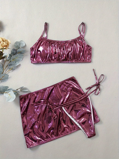 Women's Sexy 3-Piece Metallic Bikini Set, Glitter Fabric, Ruched Front Top & High Cut Bottom With Cover Up Skirt, Women's Swimwear