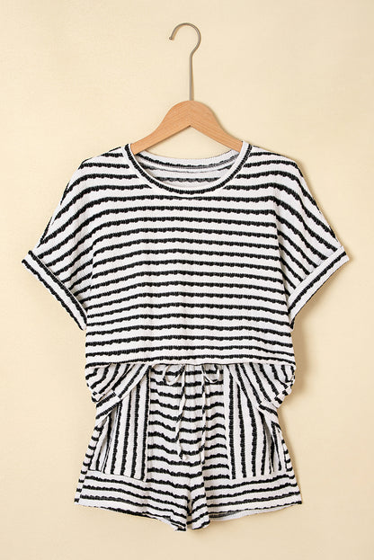 Black Stripe Knitted Short Sleeve Top and Drawstring Shorts Set