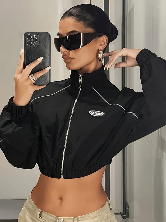 Stylish Long Sleeve Crop Jacket - Soft Solid Color Zip-Up Design for Women, Perfect for Spring & Fall, Casual Daily Wear, Versatile Fashion Piece