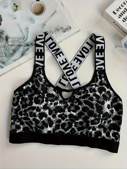 Women's Leopard Print Sports Bra, Athletic Supportive Crop Top, Breathable Gym Workout Underwear with Elastic "LOVE" Strap