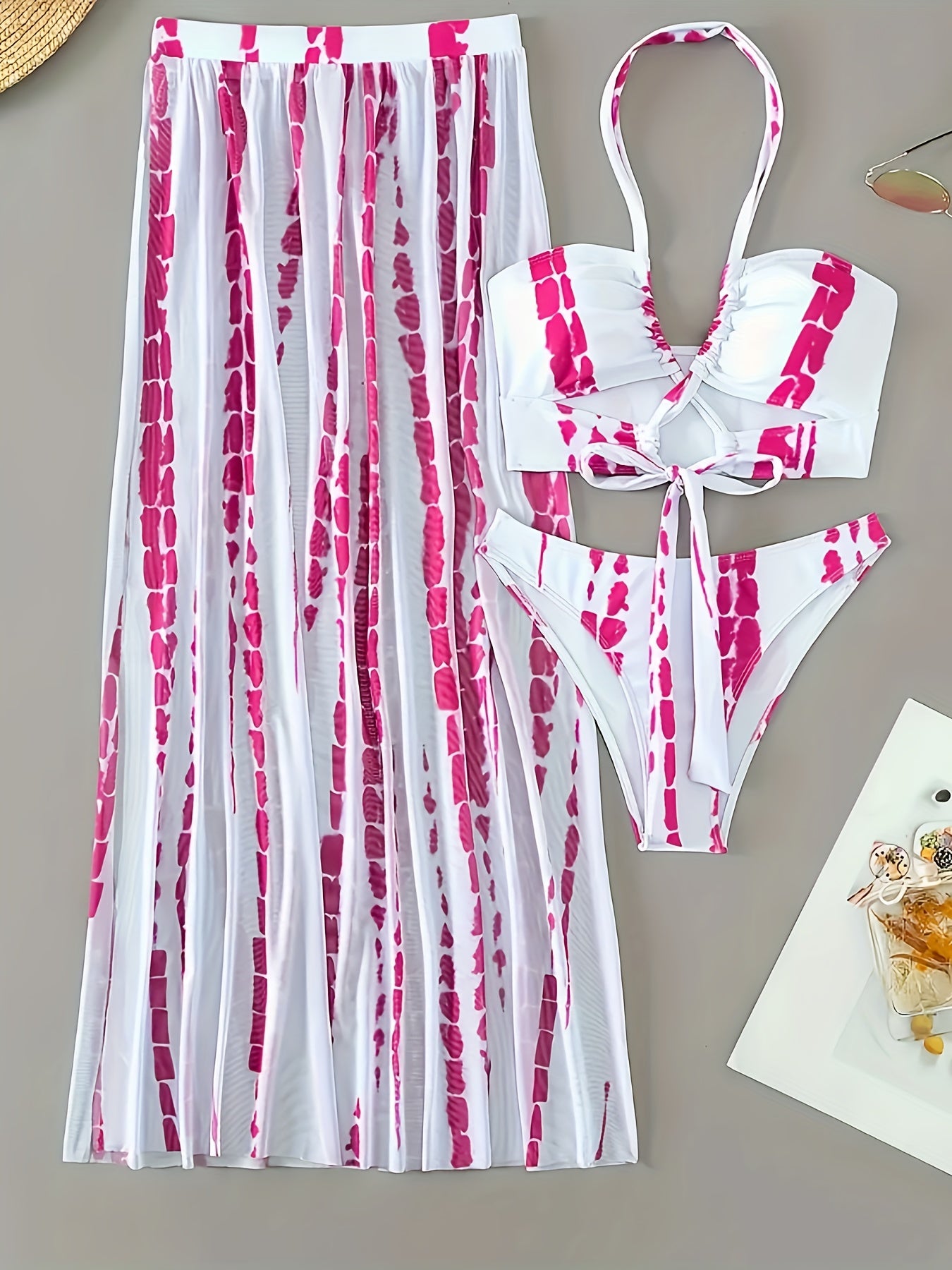 3 Piece Elegant Striped Print Crisscross Tie Strap Halter Bikini Rash Guard Set - Women's Swimwear with Split Side Cover Up Skirt and Flattering Fit - Perfect for Beach and Pool Activities