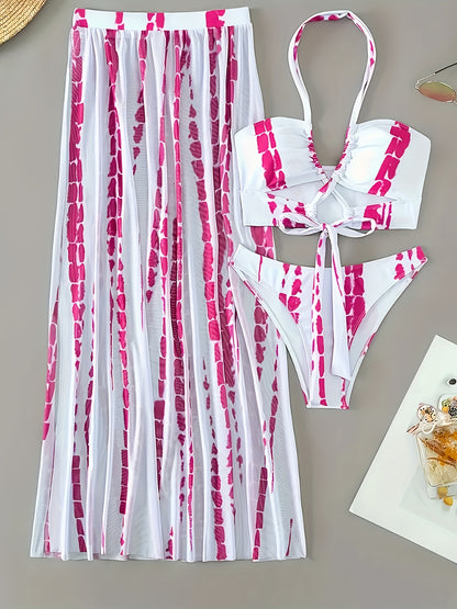 3 Piece Elegant Striped Print Crisscross Tie Strap Halter Bikini Rash Guard Set - Women's Swimwear with Split Side Cover Up Skirt and Flattering Fit - Perfect for Beach and Pool Activities
