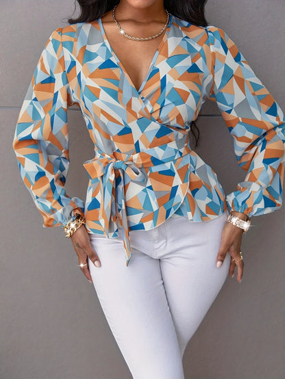 Geo Printed Belted Blouse, Elegant Long Sleeve V Neck Blouse For Spring, Women's Clothing