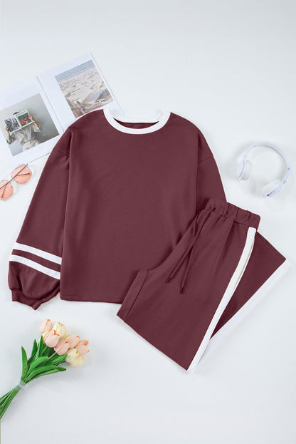 Mineral Red Varsity Stripe Patchwork Puff Sleeve Pullover Drawstring Wide Leg Pant Set