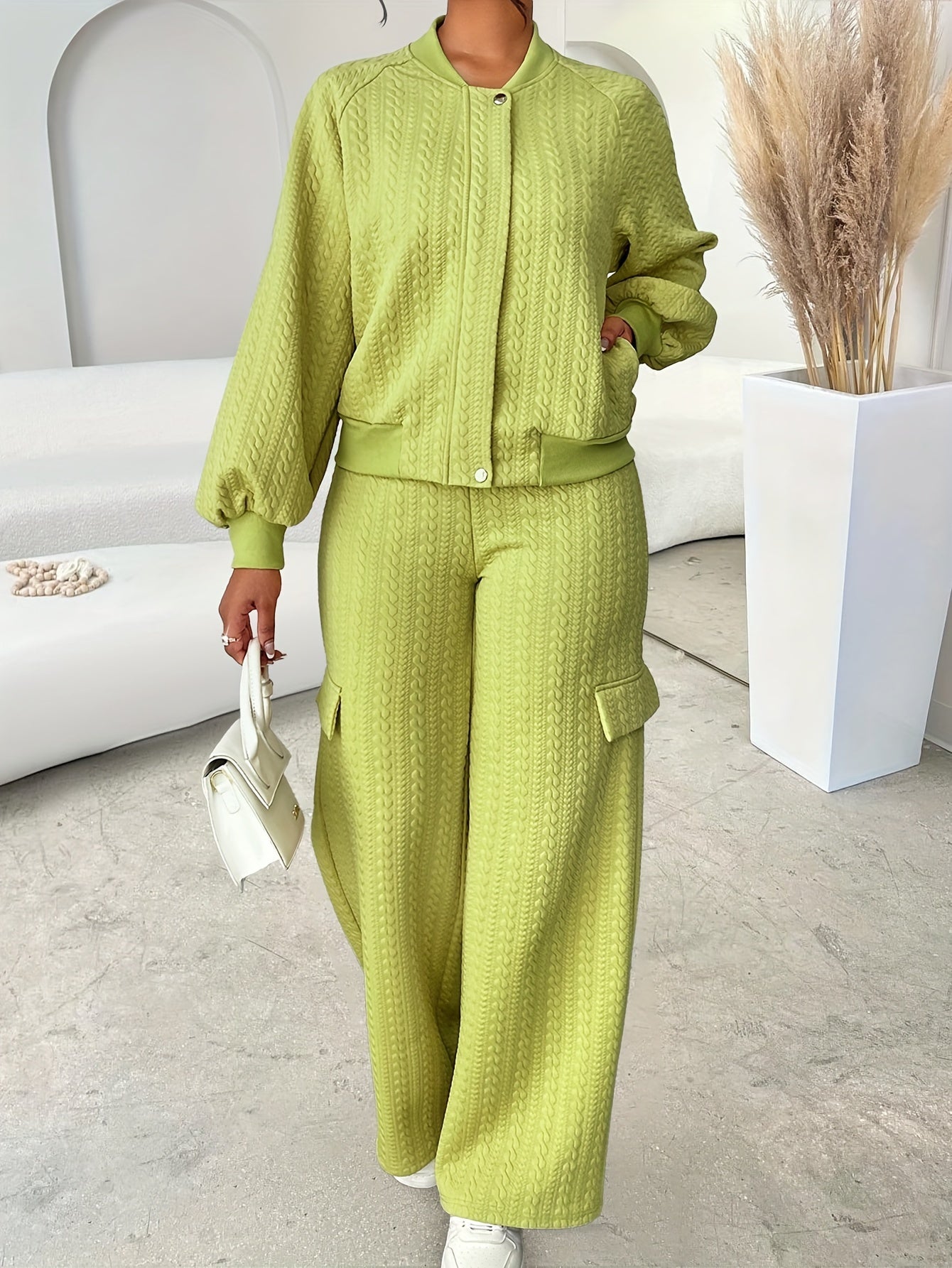 Women'S Casual Chic Two-Piece Set, Solid Color Long Sleeve Zippered Jacket and Straight-Leg Pants, Polyester 95% Elastane 5% Knit Fabric, Crew Neck, Fall/Winter Collection