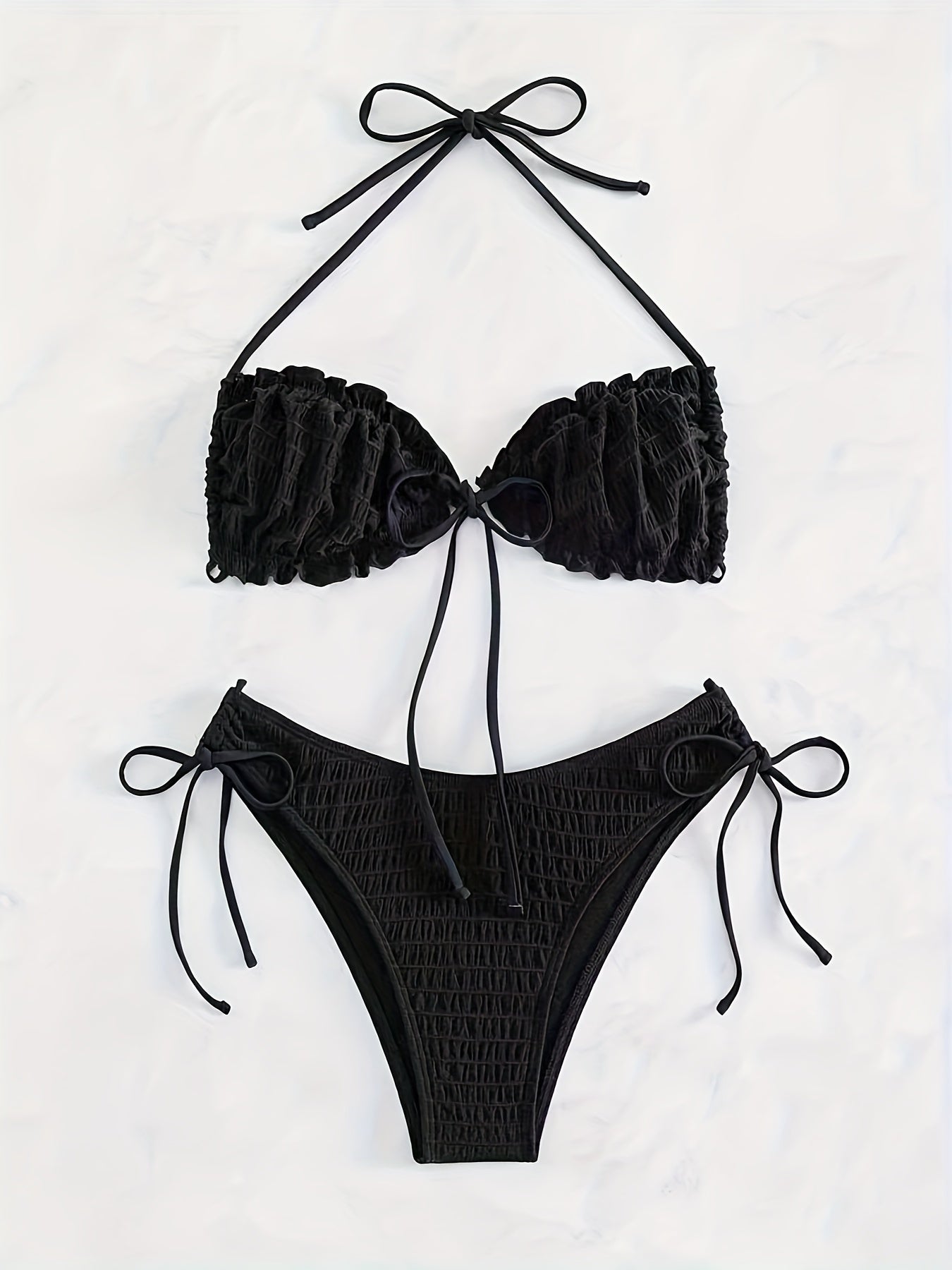 Solid Color Fashion 3 Piece Set Bikini, Halter Neck Lettuce Trim Tie Side High Cut With Cover Up Skirt Swimsuits, Women's Swimwear & Clothing