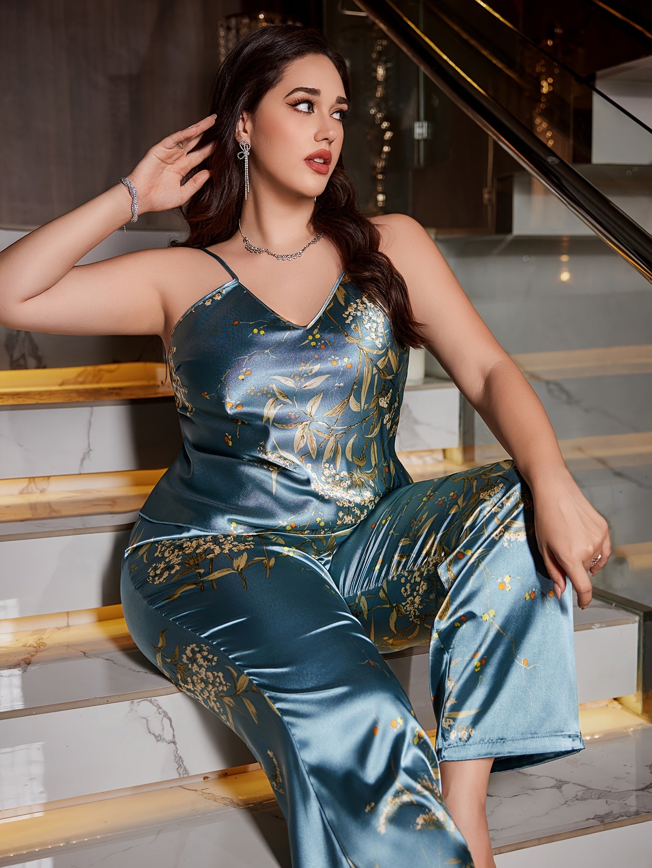 2pcs Plus Size Women'S Cherry Print Cami Pants Pajama Set - Elegant Sleeveless Jumpsuit with Floral Design, Backless, All-Season Comfort, Comfortable Loungewear|Floral Print Jumpsuit|Backless Design, Cherry Pants