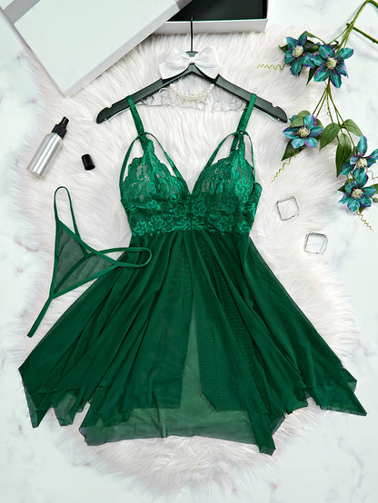 Seductive Floral Lace Slip Nightdress - Sheer Mesh, Adjustable Straps, Asymmetric Hem - Backless V Neck Mini Dress with Matching Thongs - Soft, Breathable Womens Sleepwear Set