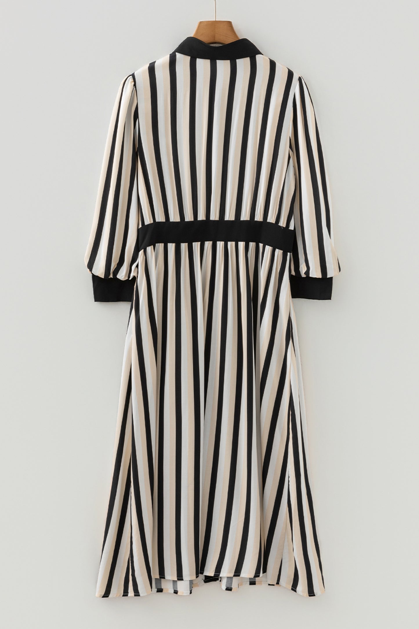 Black Stripe 3/4 Puff Sleeve Shirt Style Button Down Midi Dress